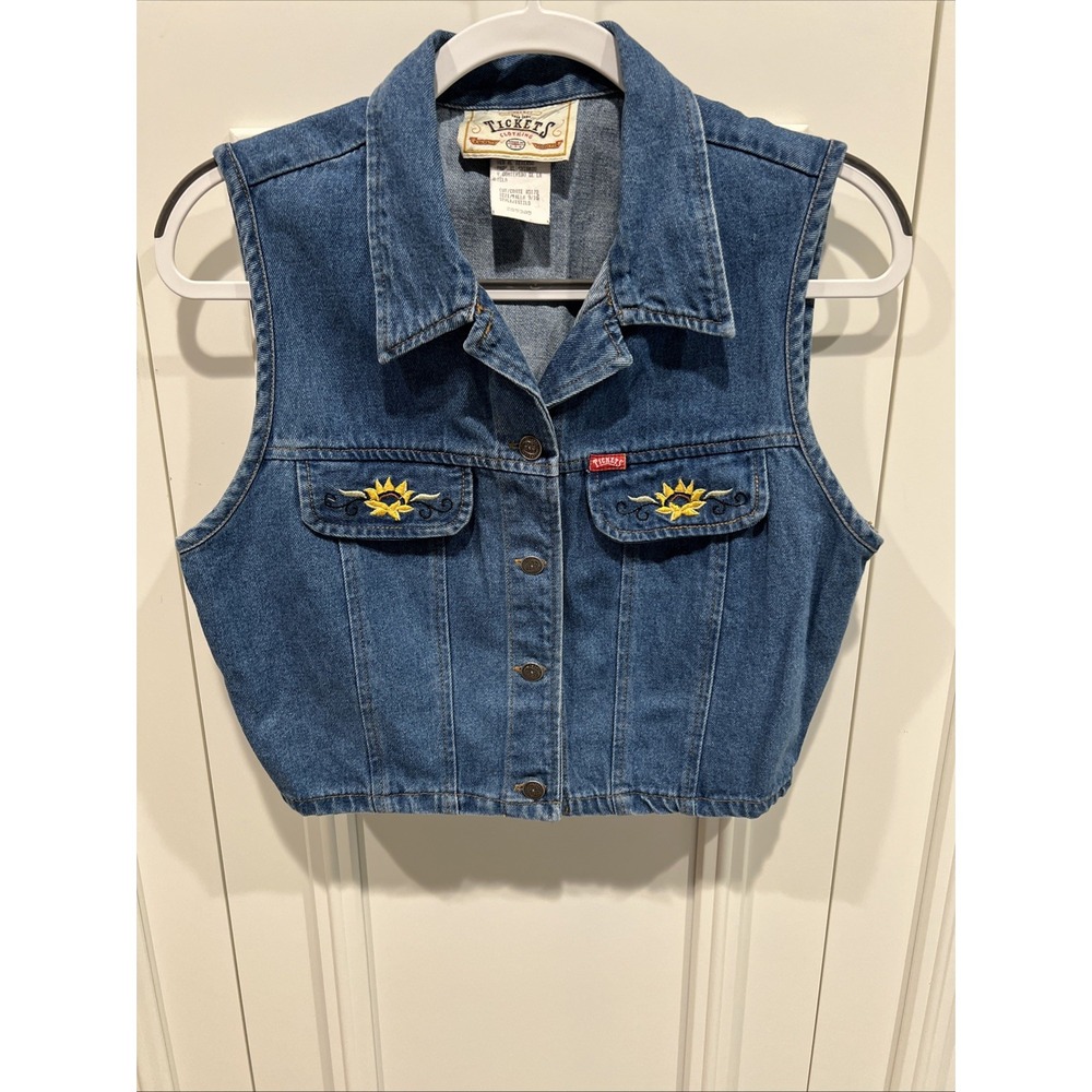 Vintage Tickets Denim Vest Size 9/10 Embroidered Sunflower Western USA Cropped